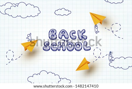 Back to school notebook background. Drawing little men flying on yellow paper airplanes. Vector cartoon school children and planes.
