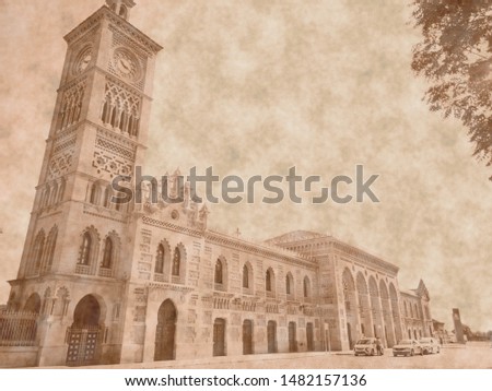 old Toledo train station, Spain, Artistic photograph of old station in aged sepia to give it the patina of another time. design for advertising, space for promotional text,