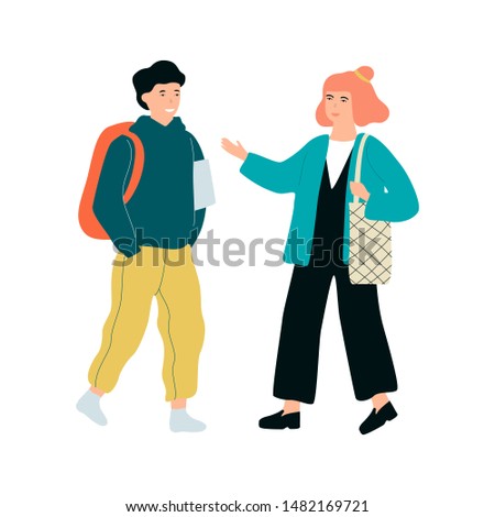 Happy school children standing together. Kid with backpack. Education and learning concept. Isolated vector illustration in cartoon style