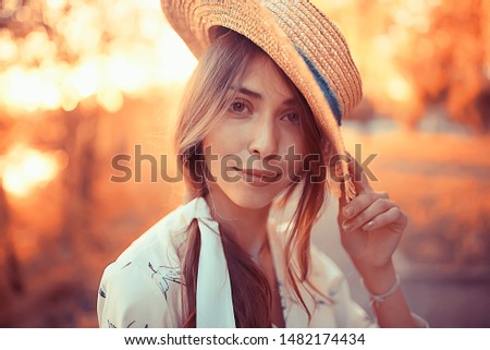 happy romantic girl in a straw hat / young model in a dress summer day, happiness woman