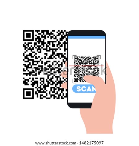 Qr code scanning  with hand holding phone and button scan vector illustration
