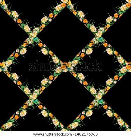 Watercolor marsh plants and herbs seamless geometric pattern with white and yellow water lilies on a black background.