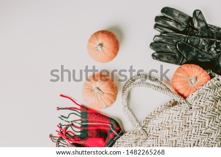 Autumn composition. Frame made of scarf, gloves, pumpkin, fallen leaves on white background. Thanksgiving or fall concept. Flat lay. Top view, copy space.
