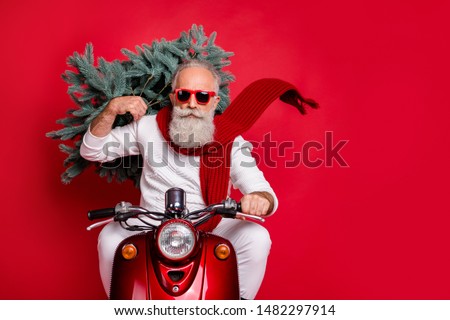 Portrait of handsome old hipster with eyewear eyeglasses carrying fir tree drive bike wearing white jumper trousers pants isolated  over red background Royalty-Free Stock Photo #1482297914