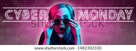 Cyber monday, sales, purchases concept. Neon lighted letters on gradient background. Astonished woman calling. Negative space. Modern design. Contemporary art. Creative conceptual and colorful collage