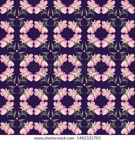 Pattern of watercolor pink roses on a dark purple background