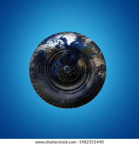 Truck wheel and tire with world map and cloud image source from NASA