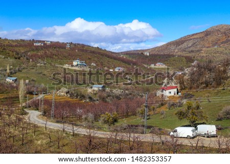Mountain villages in spring season. Plateau and city.