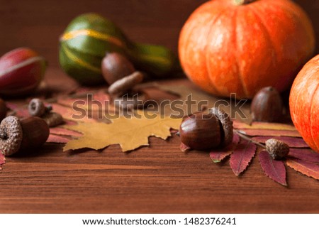 Pumpkins, acorns on the autumn table.