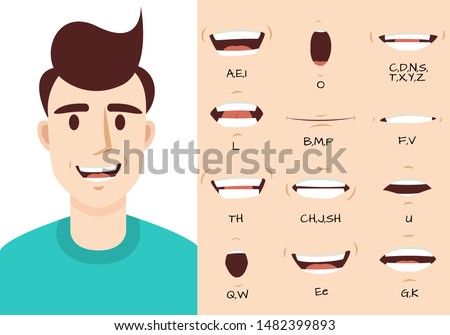 Mouth animation. Male talking mouths lips for cartoon character animation and english pronunciation. Sync speech expression vector syncing face smile speaking set Royalty-Free Stock Photo #1482399893