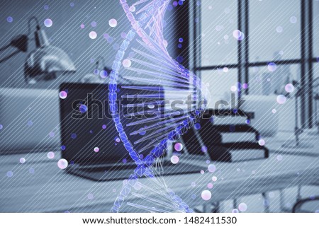 DNA hologram with desktop office background. Double exposure. Concept of education