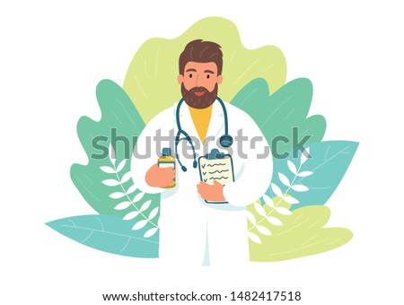 Doctor, homeopath with medicine jar with plants on background. Homeopathic medicine. Vector illustration. Royalty-Free Stock Photo #1482417518