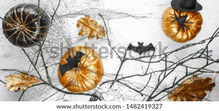 Halloween composition flat lay top view. Golden pumpkins, autumn leaves, spider, bats on a white background with copy space long banner