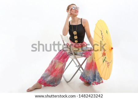 Young woman retro modern mixed culture Asian high fashion tractional chinse umbrella white background 