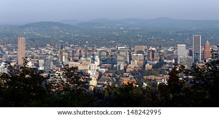 A panoramic view of the skyline of Portland, Oregon.
