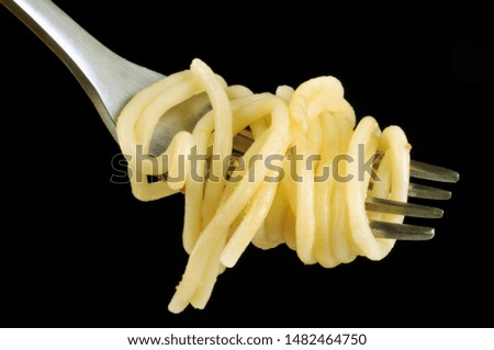 Spaghetti wrapped on a fork in close-up on black background