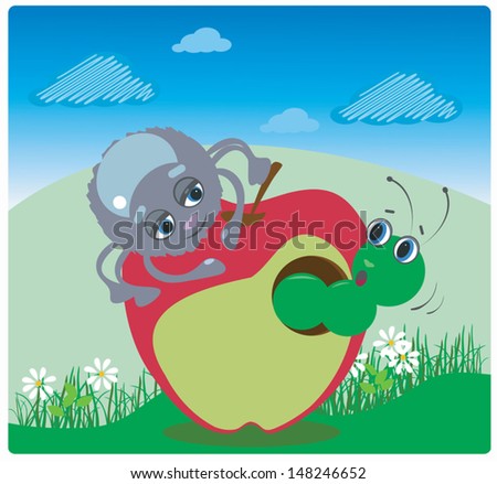 Vector funny spider and caterpillar with an apple