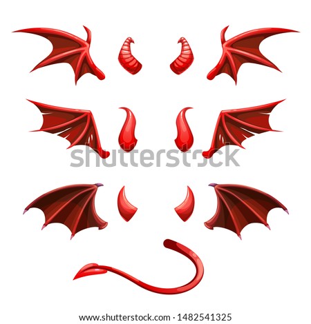 Devil tail, horns and wings. Demonic red elements for the photo decoration. Vector illustration. Royalty-Free Stock Photo #1482541325