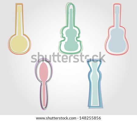 set of colorful musical instruments, which consists of banjo, violin, guitar, maracas 