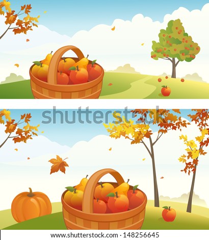 Vector harvest backgrounds with ripe apples, pears and pumpkin
