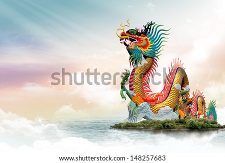 Chinese dragon at sunset in the background