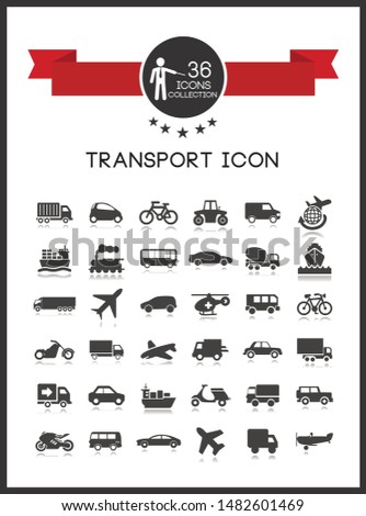 Transport icons set with cars, vehicle, auto, road, airplane. Vector set.