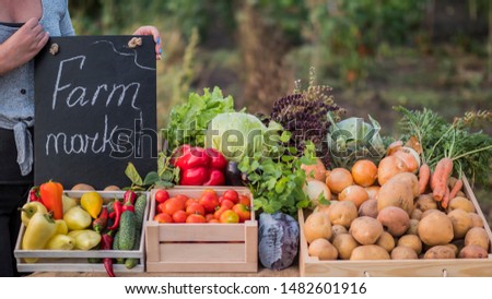 Farmer's hands holding a sign. Farmers market near the counter with seasonal vegetables