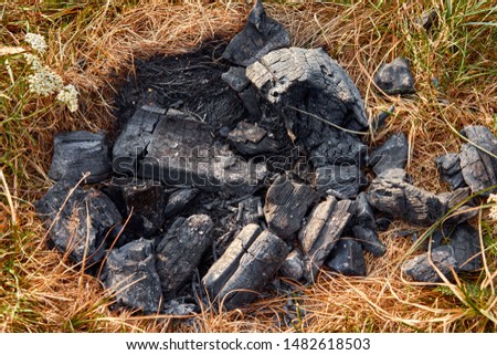 Remains of charcoal and ash after burning wood., Charcoal and ash burned., Coal and ash after cooking