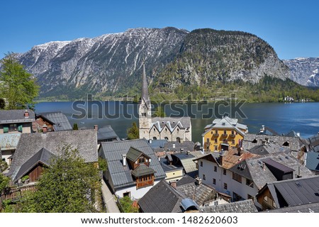 Panorama of Hallstatt village and lake, Austria, Europe. Taken in May, in spirng.       