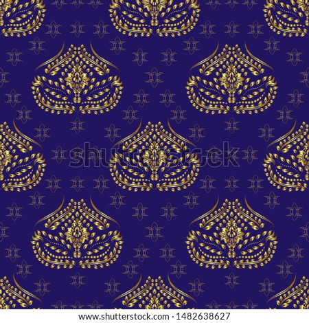 Golden seamless pattern of damask on a purple blue background. Wallpaper, fabric