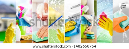 Cleaning collage of various types of clean or washing items banner, wide panorama photo. Large cleaning collection photo.