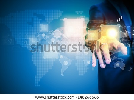 Close up of businessman hand pushing icon on media screen