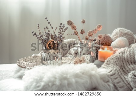 Autumn still Life home decor in a cozy house. Autumn weekend concept. Fall home decoration. Royalty-Free Stock Photo #1482729650