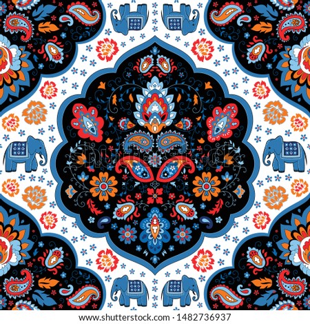 Indian rug tribal ornament pattern with elephants. Aztec towel, yoga mat. Vector Henna tattoo style. Can be used for textile, greeting business card background, phone case print
