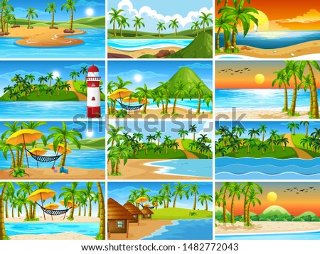 Set of tropical ocean nature scenes with beaches illustration