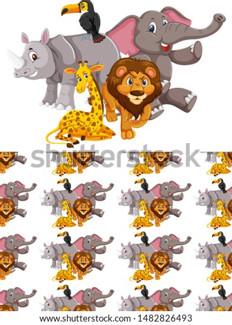 Rhino, toucan, lion, giraffe and elephant in group illustration