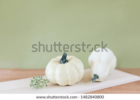 White pumpkins on a sage and wooden background 