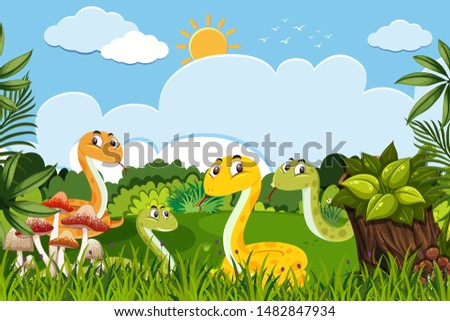 Snakes in nature scene illustration