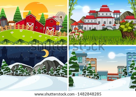 A set of outdoor scene including building illustration