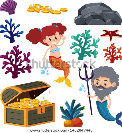 Set of isolated mermaid and coral illustration