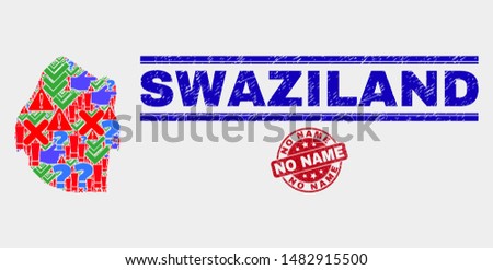 Symbol Mosaic Swaziland map and seal stamps. Red round No Name scratched seal. Colored Swaziland map mosaic of different scattered elements. Vector abstract combination.