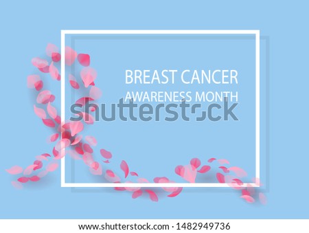 Breast cancer awareness month. Background with pink ribbon made of pink flying petals and frame. Vector illustration. For web banner, print, poster, header 