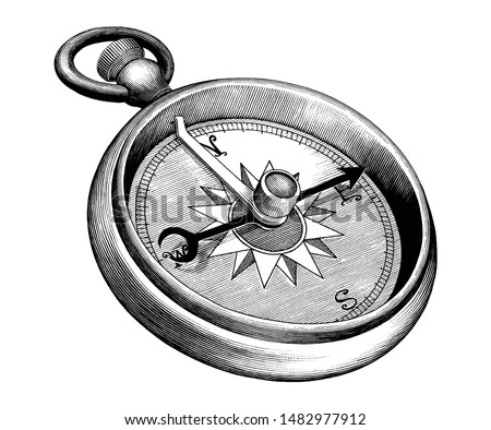 Antique engraving illustration of Compass black and white clip art isolated on white background