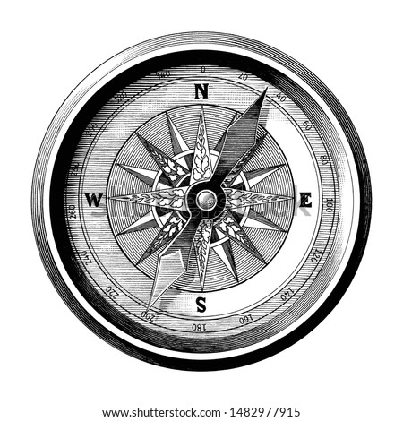 Antique engraving illustration of vintage compass black and white clip art isolated on white background,Compass of travel and sea way