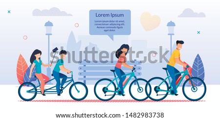 Happy Family Cycling Together in City Park. Mother, Father Riding Bicycles, Children Driving Tandem Bike. Girl Doing Selfie. Mom Talk to Relatives. Sport, Healthy Lifestyle. Vector Flat Illustration