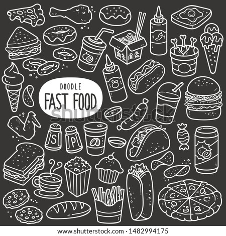Fast food doodle drawing collection. Food such as pizza, burger, donuts, chicken wing, onion ring etc. Hand drawn vector doodle illustrations in black and white blackboard chalk style.