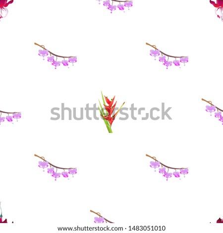 Red Fuchsia. Purple Komakusa. Red Heliconia Bihai. Vector illustration. Seamless background pattern. Floral botanical flower. Wild leaf wildflower isolated. Exotic tropical hawaiian jungle. Fabric.