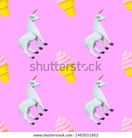 seamless pattern of white unicorns and ice cream in waffle cone on pink background