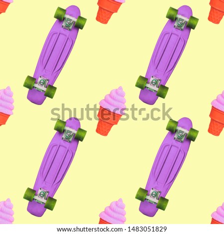 seamless pattern of purple skateboards and ice cream on yellow background