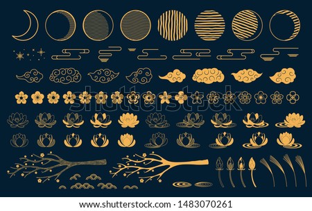 Collection of gold decorative elements in oriental style with moon, stars, clouds, tree branch, lotus flowers, grass, for Chinese New Year, Mid Autumn Festival. Isolated objects. Vector illustration. Royalty-Free Stock Photo #1483070261